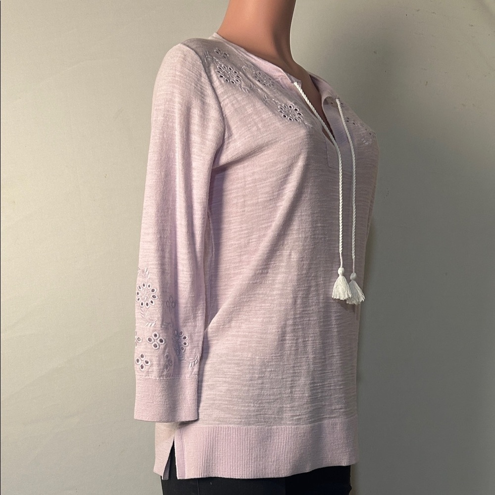 Loft Tasseled Tie Neck Top T-Shirt 100%Cotton Embroidered Long Sleeve Sz S - Picture 7 of 14